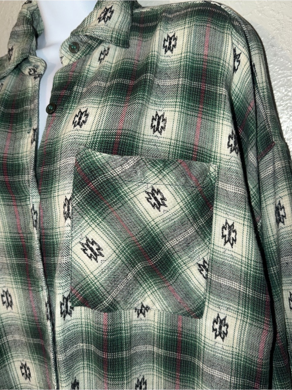 Vintage 80’s 90’s Flannel Green Plaid Shirt Oversized Nepal Aztec Women’s Sz L - Picture 5 of 8